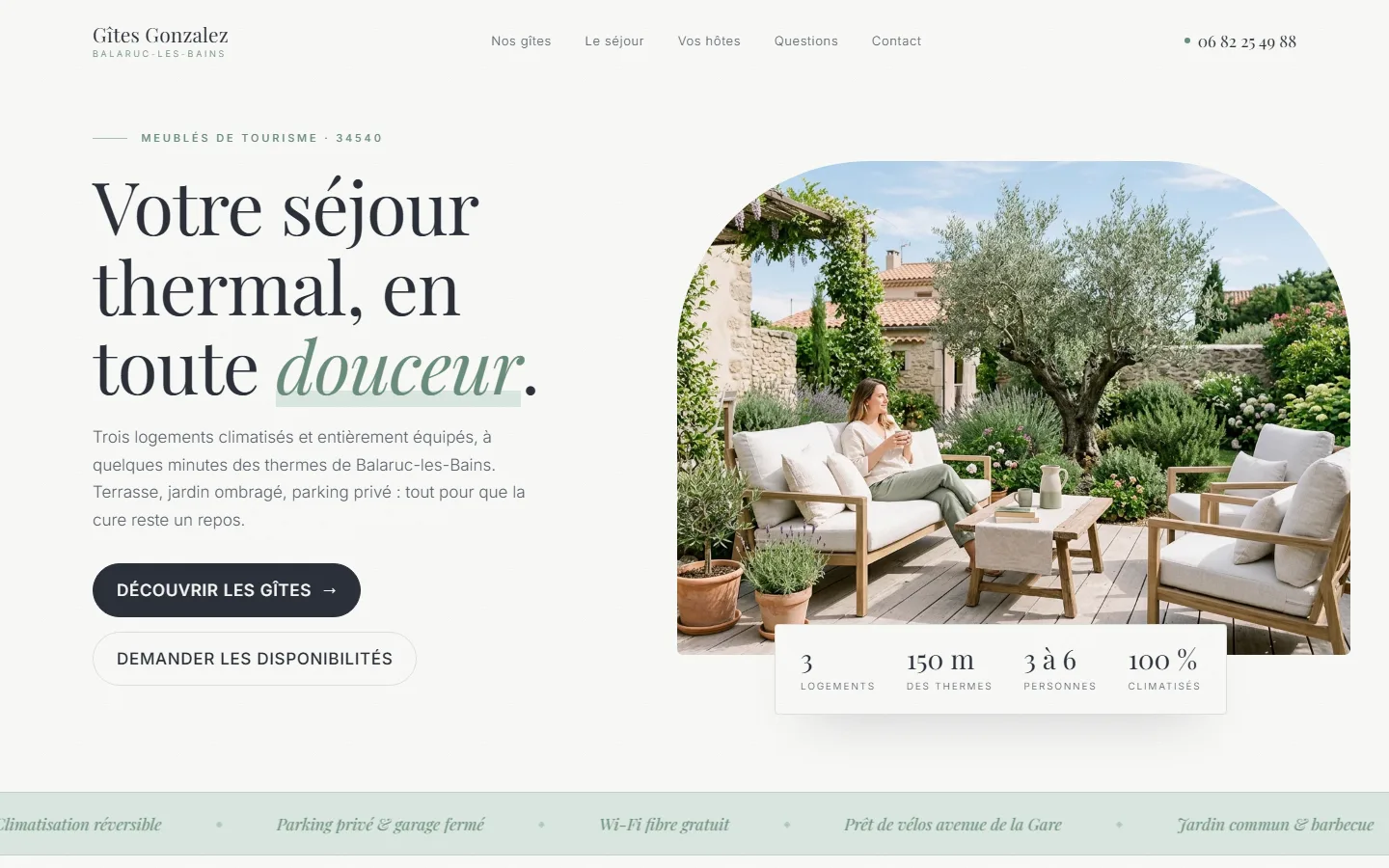 Aperçu de la page d'accueil Douceur Thermale : titre « Votre séjour thermal, en toute douceur » et photo d'une terrasse ombragée.