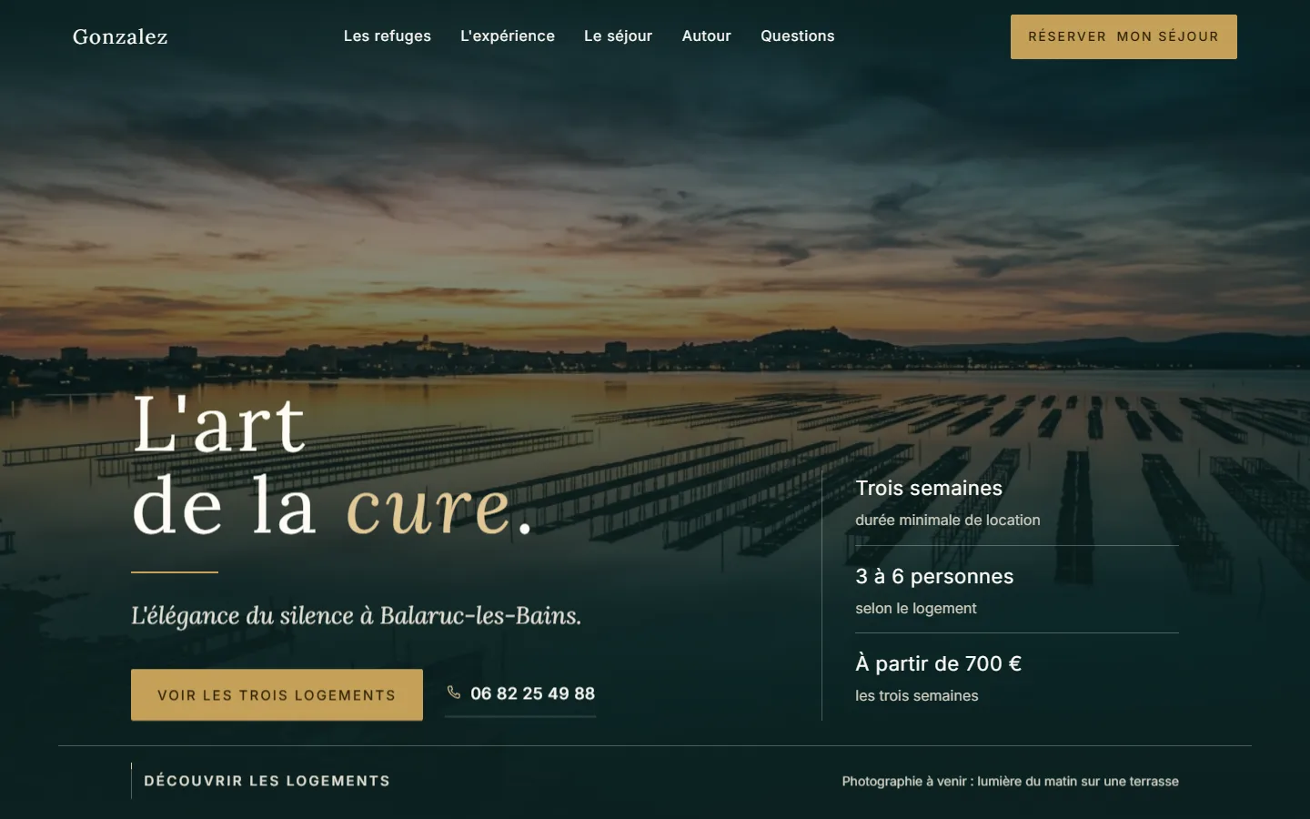 Aperçu de la page d'accueil L'Épure Thermale : titre « L'art de la cure » sur une photo de l'étang de Thau au crépuscule.