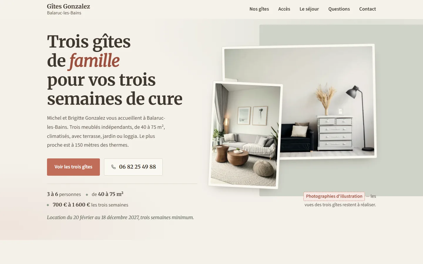 Aperçu de la page d'accueil Maison de famille : titre « Trois gîtes de famille pour vos trois semaines de cure » et deux photos encadrées d'un salon.