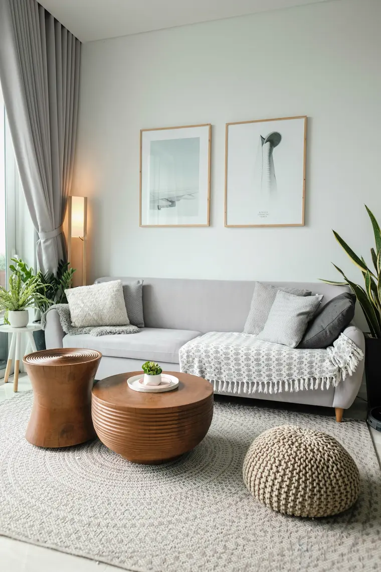 Coin salon avec table basse en bois et tapis tressé